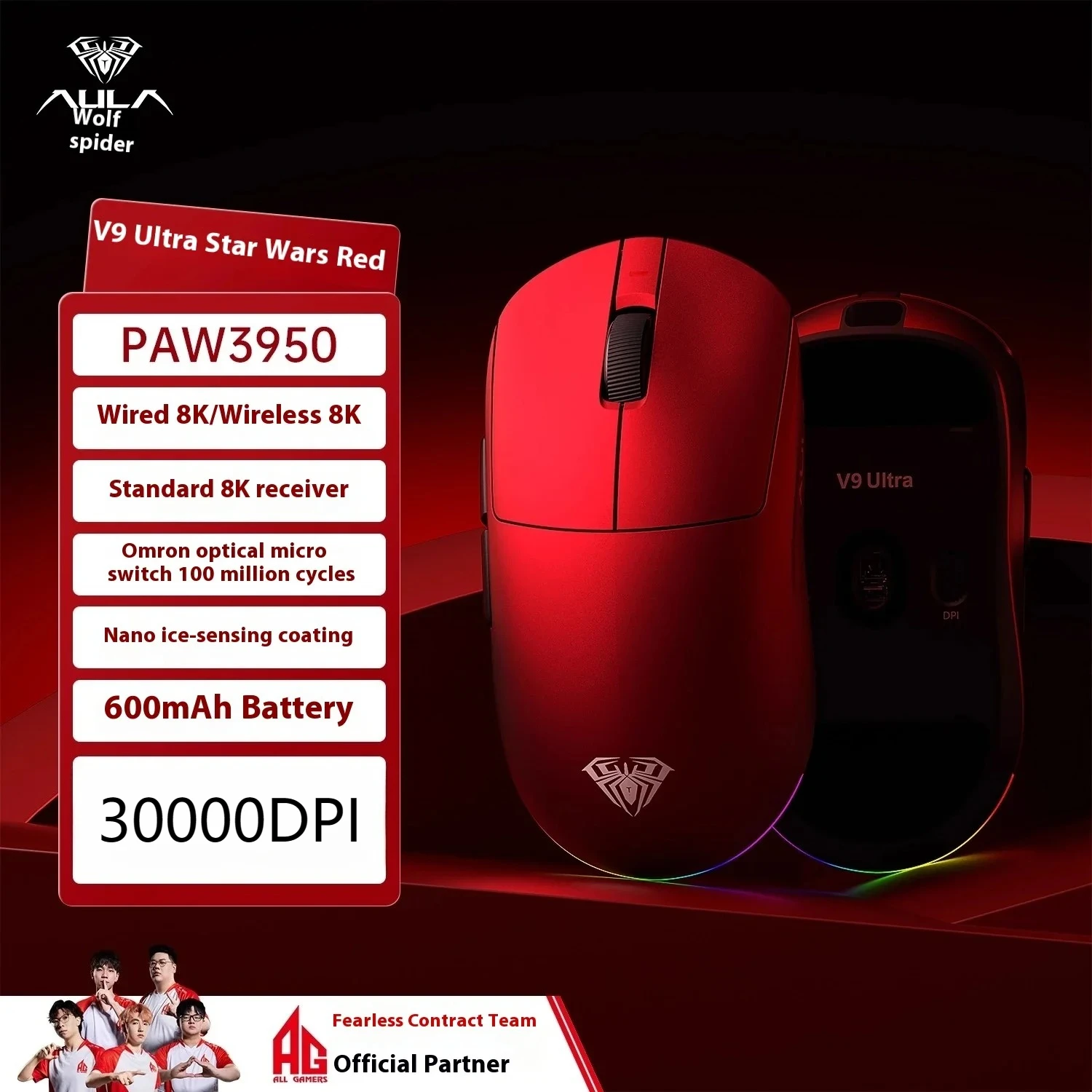 

AULA V9 PRO V9Ultra 8 кВт Беспроводная маленькая ручная мышь PAW3395/3950 Датчики, 26 тыс. точек на дюйм, прокрутка TTC, трехрежимная игровая мышь