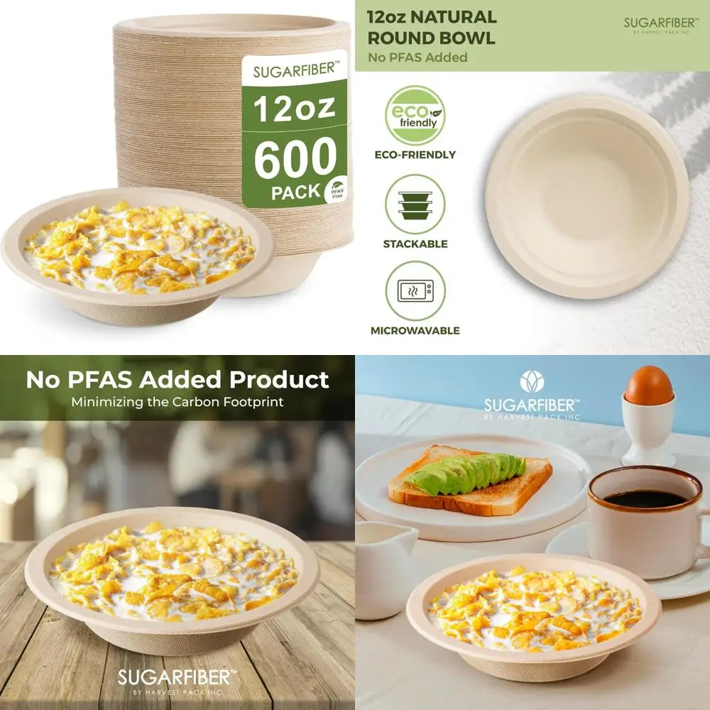 

Экологичные одноразовые миски для пакетов, сверхпрочные компостируемые круглые бумажные миски емкостью 12 унций, оптовая упаковка из 600 штук, не содержит PFAS, устойчивые к