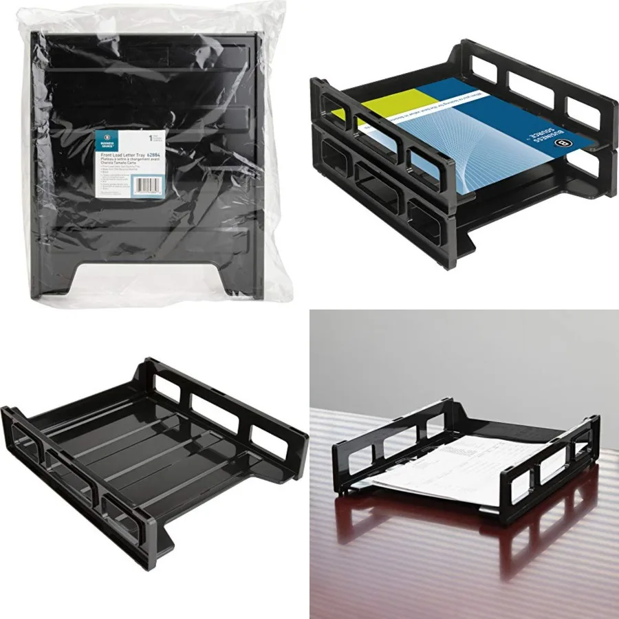 

Черный прямоугольный штабелируемый лоток для писем для делового использования. Прочный пластиковый корпус с фронтальной загрузкой, большой емкостью и организованными доками.