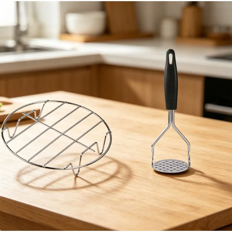 2 kitchen tools，circular stainless steel cooking rack and potato masher, four corner steamer rack and kitchen tool potato masher
