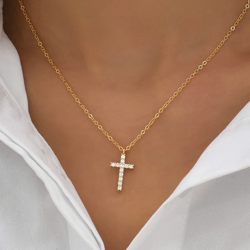 Women Necklace Jewelry Chain Fashion Cross With Rhinestone Pendant Necklace Stainless Steel Choke Ring Women Accessories New