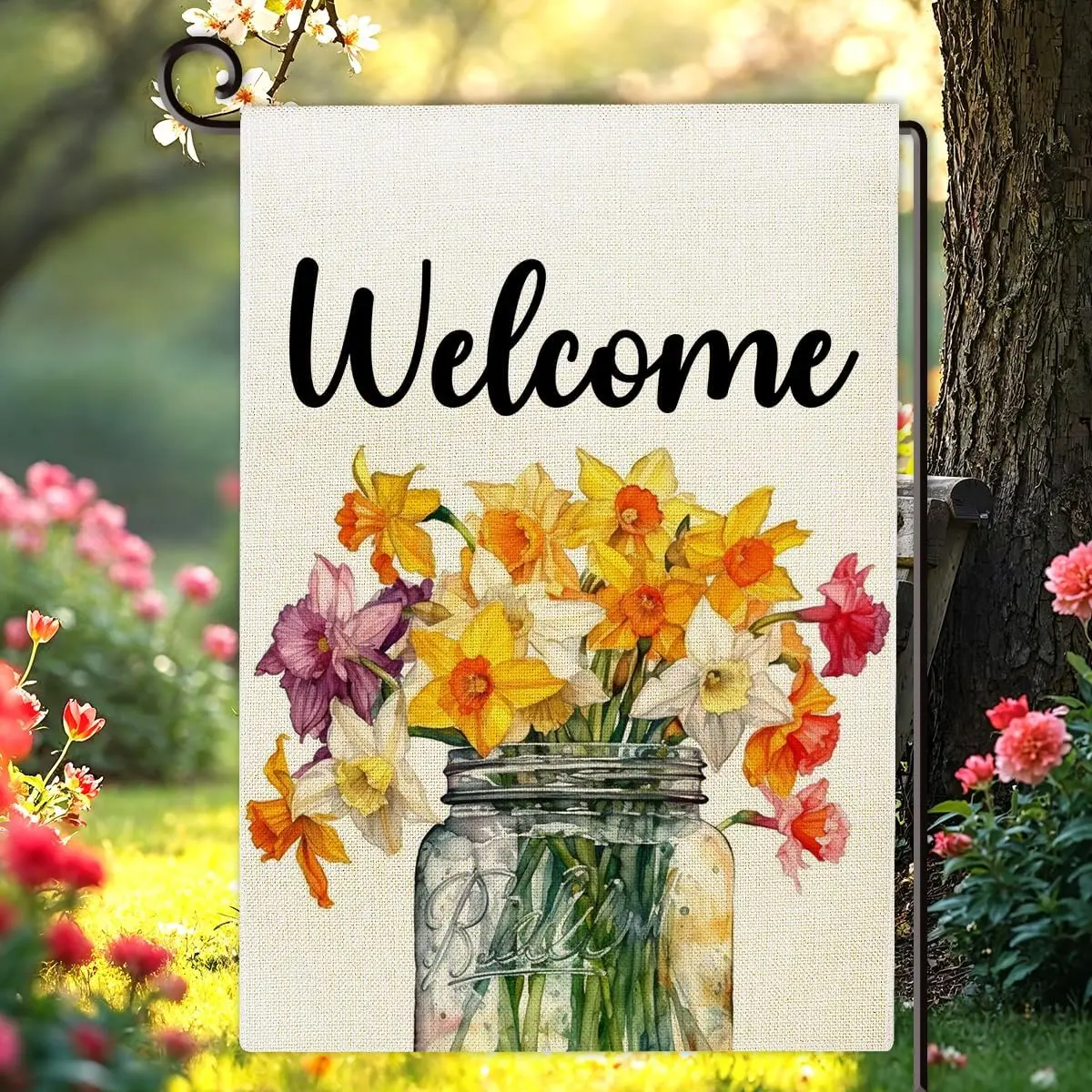 Spring Summer Welcome Garden Flag Spring Floral Mason Jar Flag Seasonal Yard Outdoor Decor Double Sided Burlap 12x18 Inches  yyi