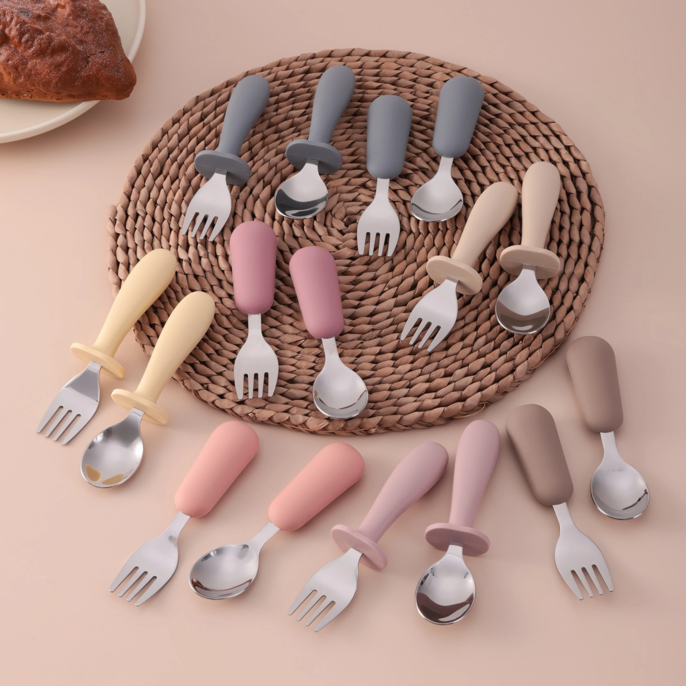 4PCS Baby Training Spoon Fork Set Food Grade Stainless Steel Non-Slip Silicone Handle Self Feeding  BPA Free Baby Accessories