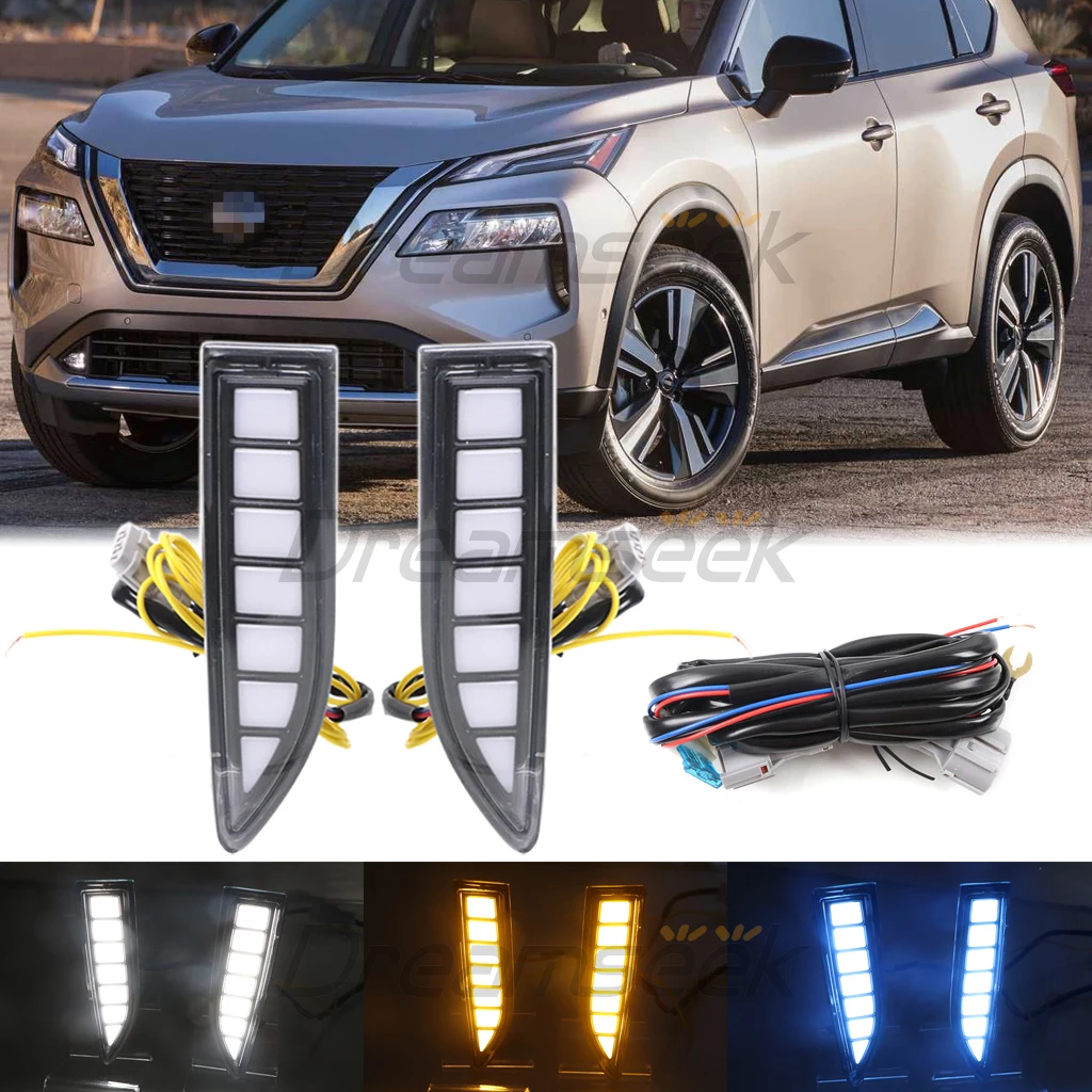 

LED DRL Daytime Running Light For Nissan X-Trail Rogue T33 2021 2022 2023 Fog Lamp With Yellow Sequential Turn Mustang Style