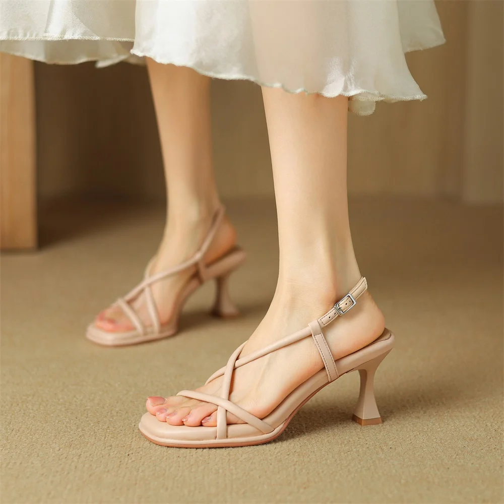 Taoffen Summer Concise Fashion Women Sandals Thin Heels Narrow Band Peep Toe Slingback Sandals Lightweight Cross-Tied Lady Shoes