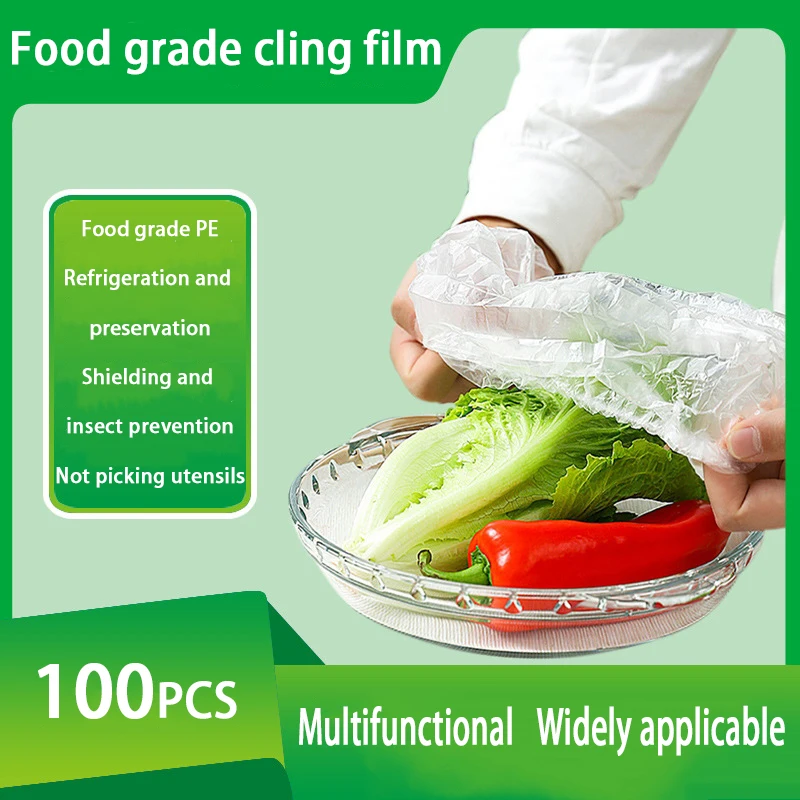 100pcs Disposable Food Cover Plastic Wrap Elastic Food Lids For Fruit Bowls Cups Caps Storage Kitchen Fresh Keeping Saver Bag