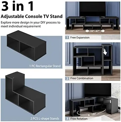 3 Pieces Console TV Stand, Free-Combination Entertainment Center for 50 55 60 65 Inch TV, Minimalist Modern TV Media Stand, DIY 