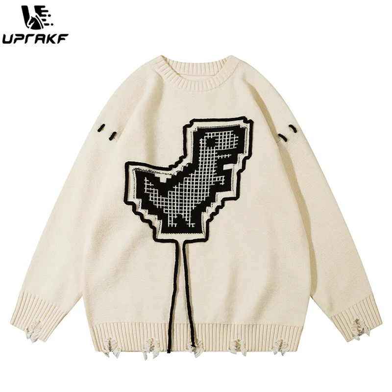 UPRAKF Funny Dinosaur Grunge Ripped O Neck Sweater Tops Autumn Loose Pullover Winter High Quality Casual Fashion Jumper