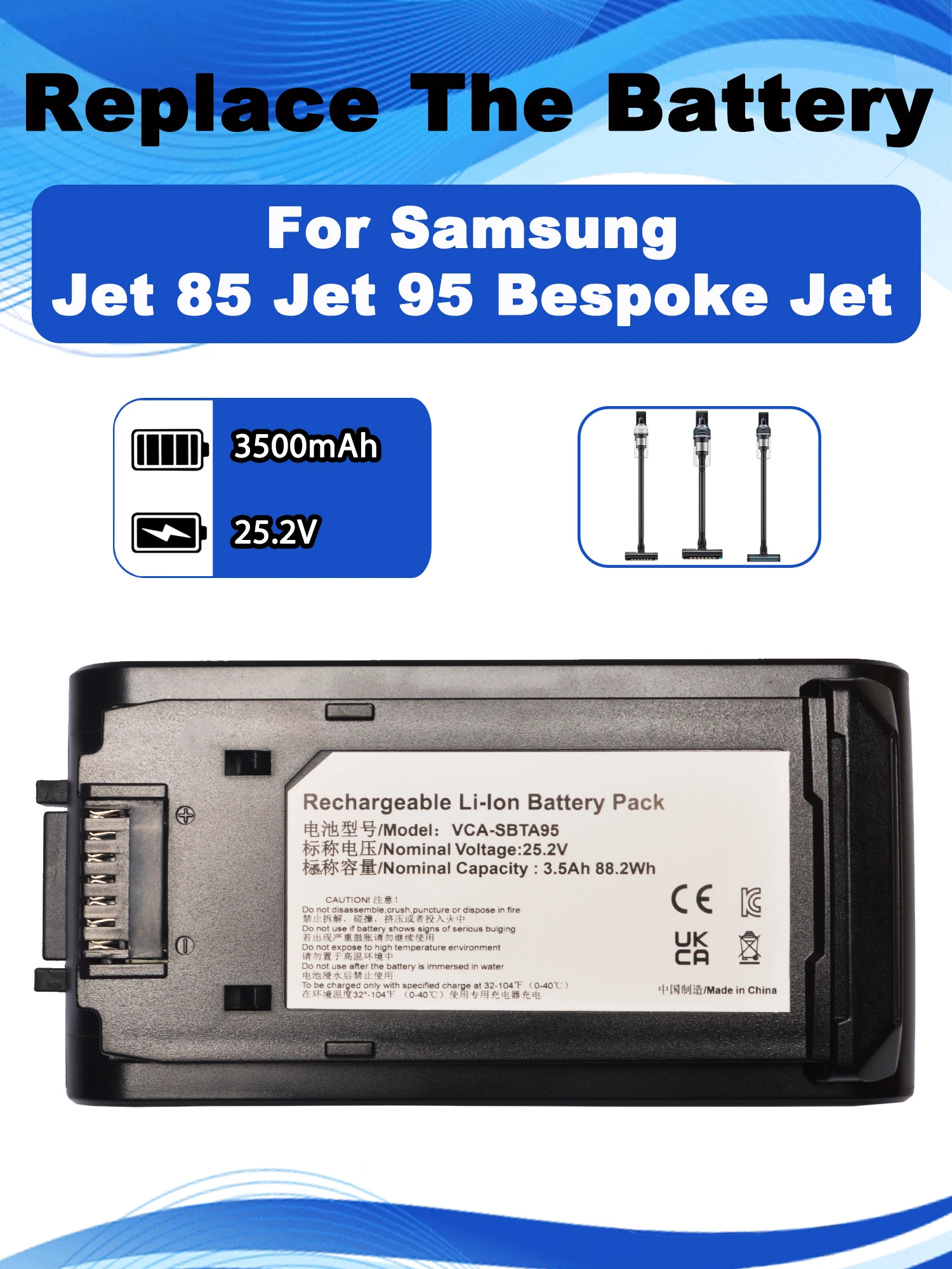 

25.2V 2500mAh Replacement Battery For Samsung Jet95 Jet85 JetPlus Vacuum Cleaner Batteria VCA-SBTA95 VS20A95823W VS20B95943N