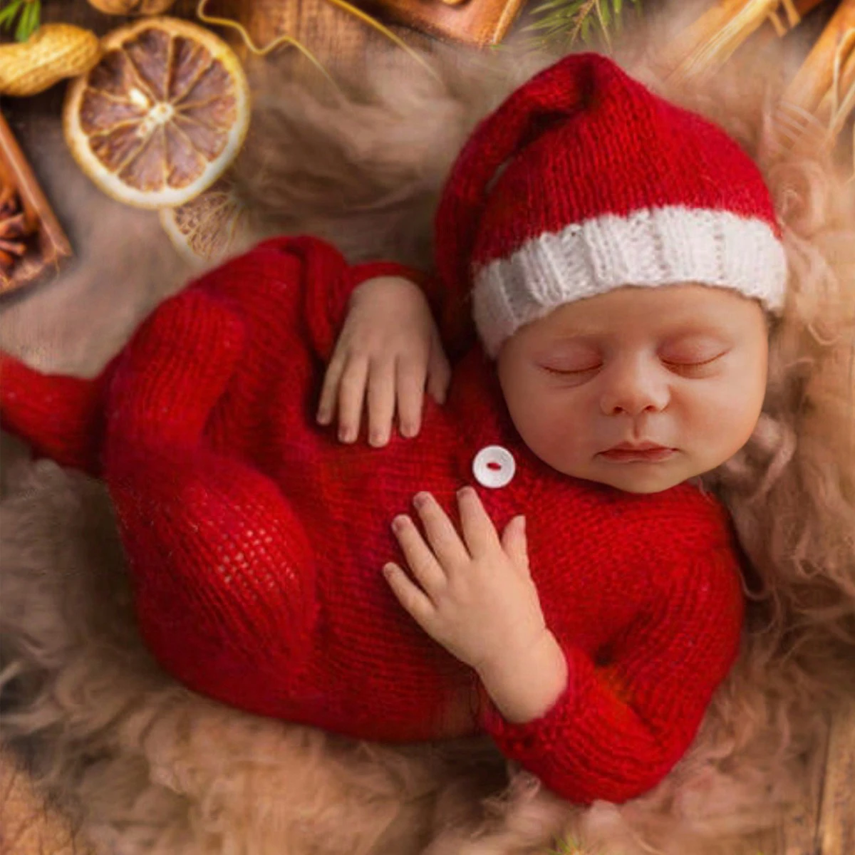 Ylsteed Newborn Christmas Outfits for Photo Shooting Red Mohair Footed Jumpsuit Long Tail Sleepy Hat Infant Photography Props