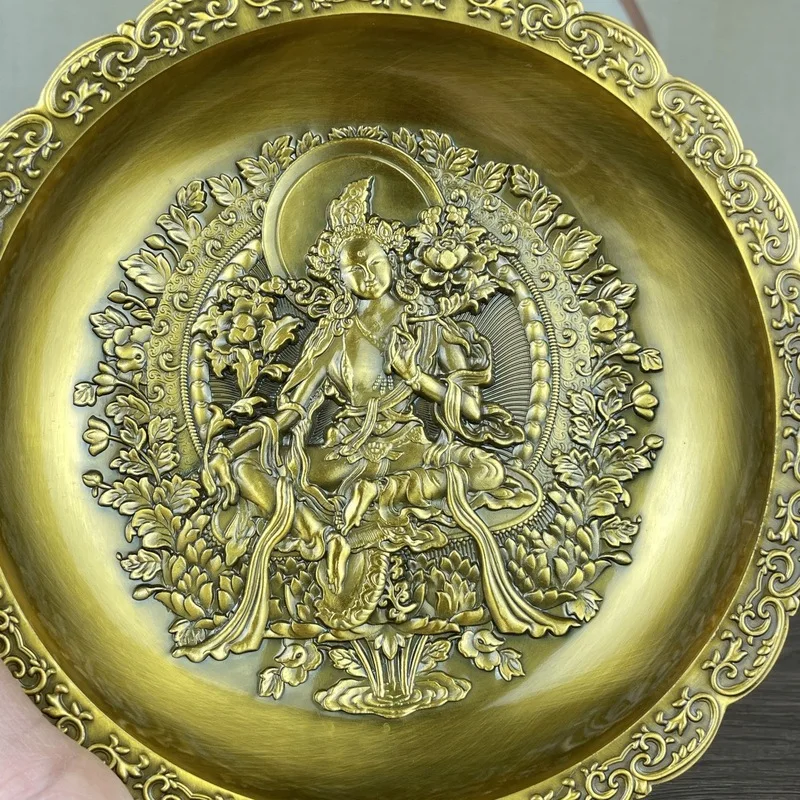 Copper Guanyin from the Qianlong Era, Antique Miscellaneous Item, Dragon and Phoenix Auspicious Pattern Plate