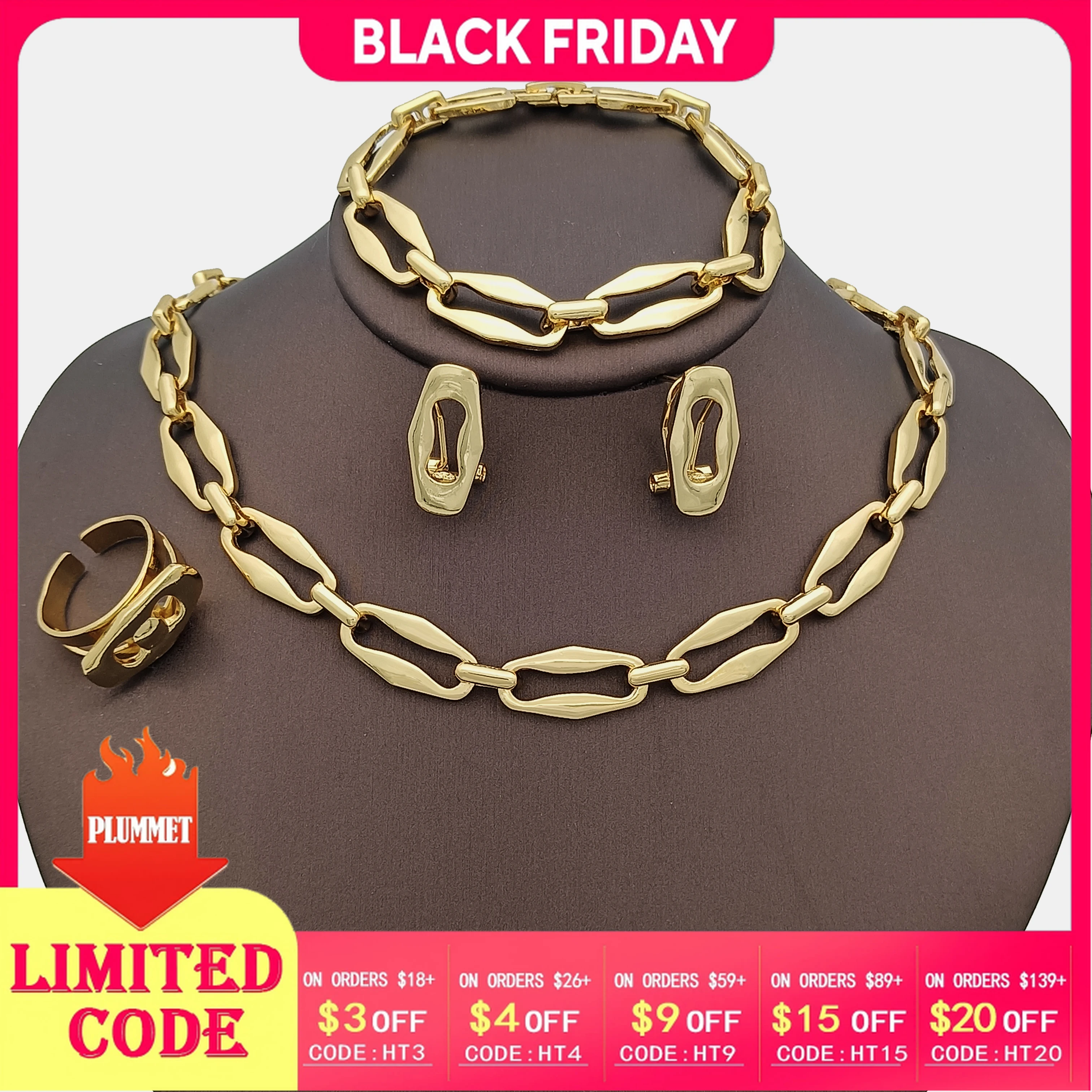

Dubai Thin Chain Jewelry Set For Women Two Tone Necklace Bracelet Rings Earrings Bride Item With Daily Wear