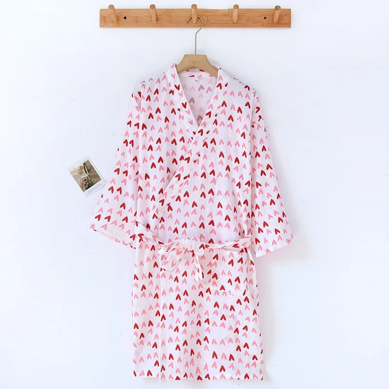 Belt Bathrobe Women's Pure Cotton Gauze New Nightgown Sweet Love Four Seasons Thin Wearable Bath Towel Yukata 3