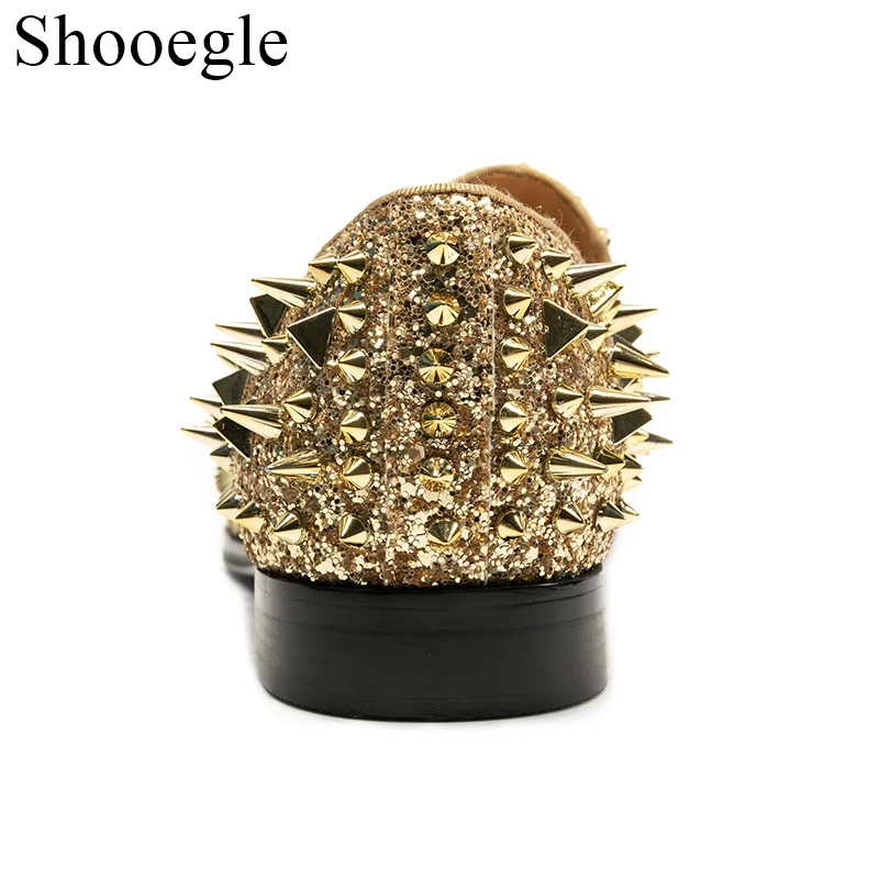 Gold Bling Bling Spiked Shoes Men Round Toe Rivet Studded Sequined Flat Shoes For Man Slip On Party Shoes Male Gold Sliver Shoes