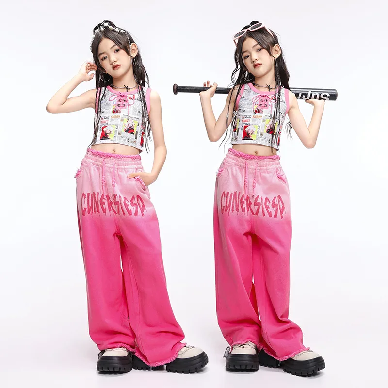 Hip Hop Girls Crop Tops Loose Denim Pants Children Tank Top Cool Streetwear Clothes Sets Kids Street Dance Jazz Stage Costumes