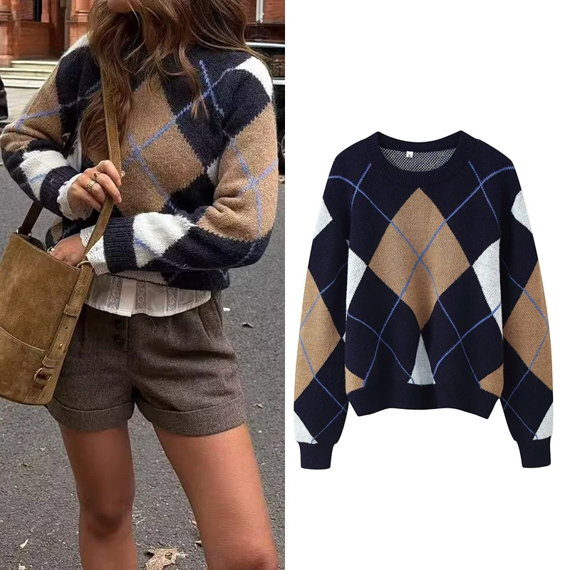 

Осень-зима, вязаный свитер с круглым вырезом и ромбовидным клетчатым узором, длинными рукавами, женский теплый пуловер, топы, женская повседневная одежда, новинка 2023 года