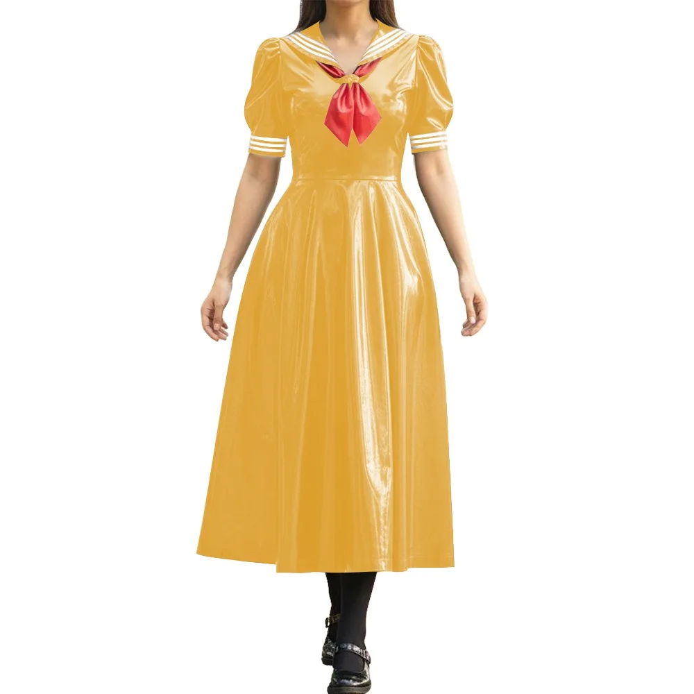 Vinyl PVC Leather Long Sailor Dress with Puff Sleeve Japanese Cosplay Women's School Uniform Halloween Party Role Play Outfits view 3