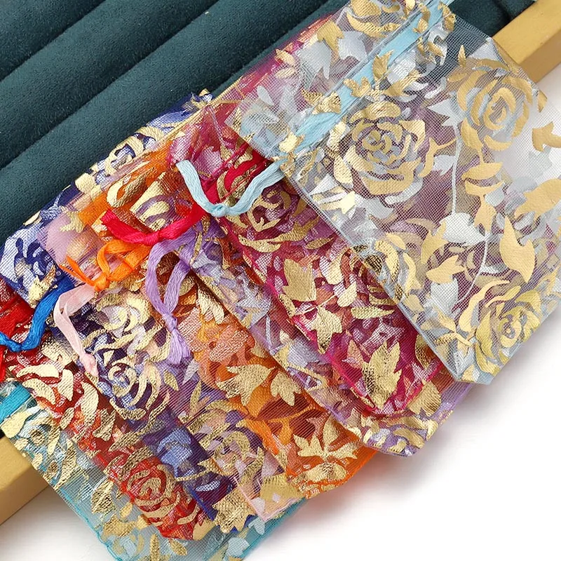 10Pcs/Lot Colorful Drawstring Organza Gift Bag Hot Gold Color Rose Print Pouches Wedding Christmas Party Candy Ornament Packing view 3
