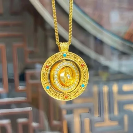 24K Pure Gold Rotating Compass Pendant, AU999 Turquoise Disc Necklace with Vibrant Threads, Meaningful Blessings Gift