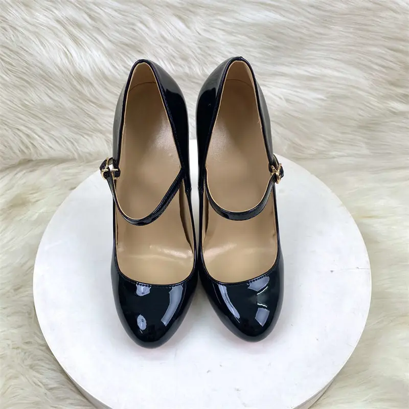 plus Size round Toe High Heels Hepburn Style French Slim Retro 12cm Heel Single Button Strap with Reverse String Detail