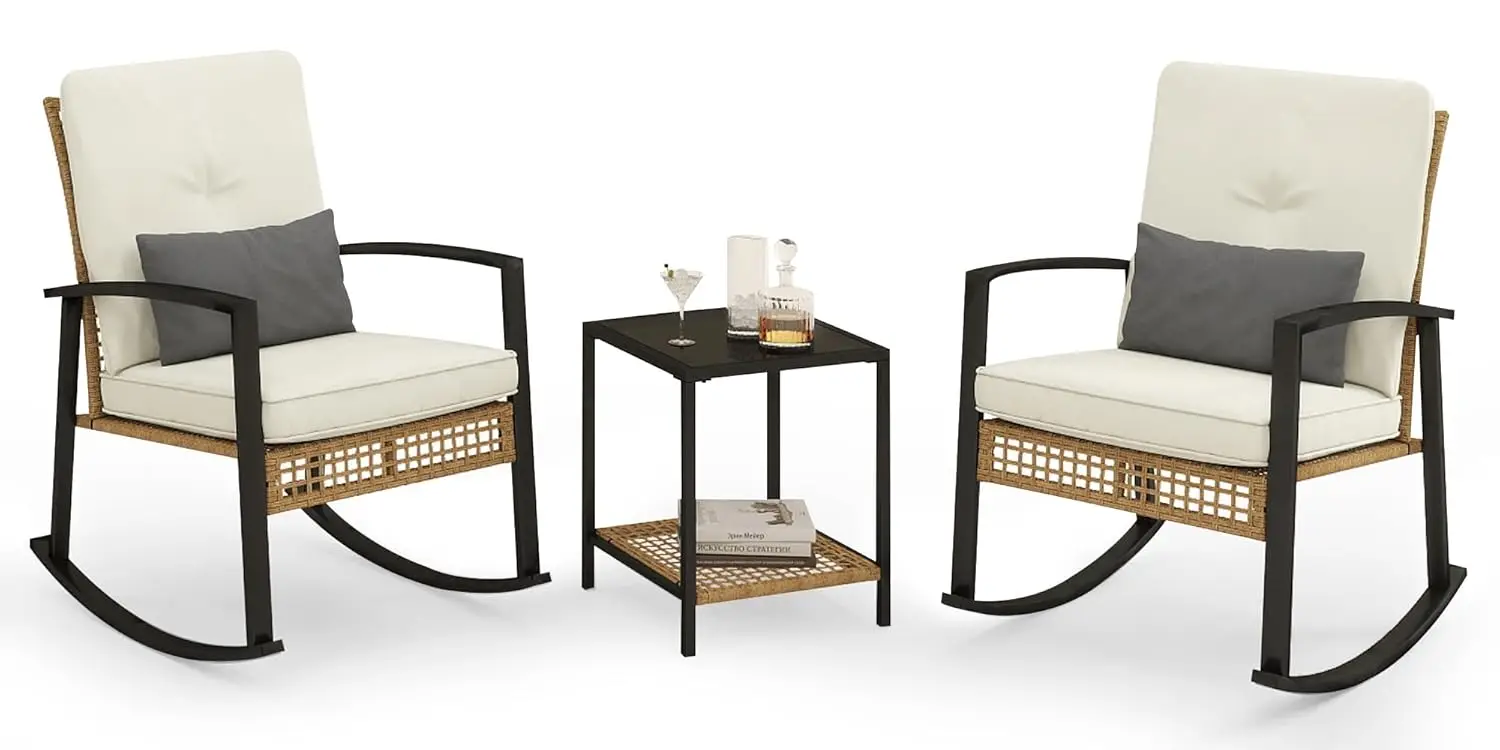 

Outdoor Rocking Chair Set of 2, Patio Conversation Bistro Sets with Thickened Cushions, for Balcony Garden Porch, Customized