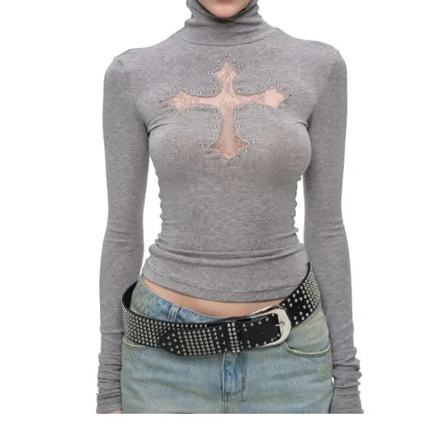 Kimotimo American Style Cross Lace Applique Rhinestone High Neck Knit Top Women Slim Fit Long Sleeve Base Layer Autumn