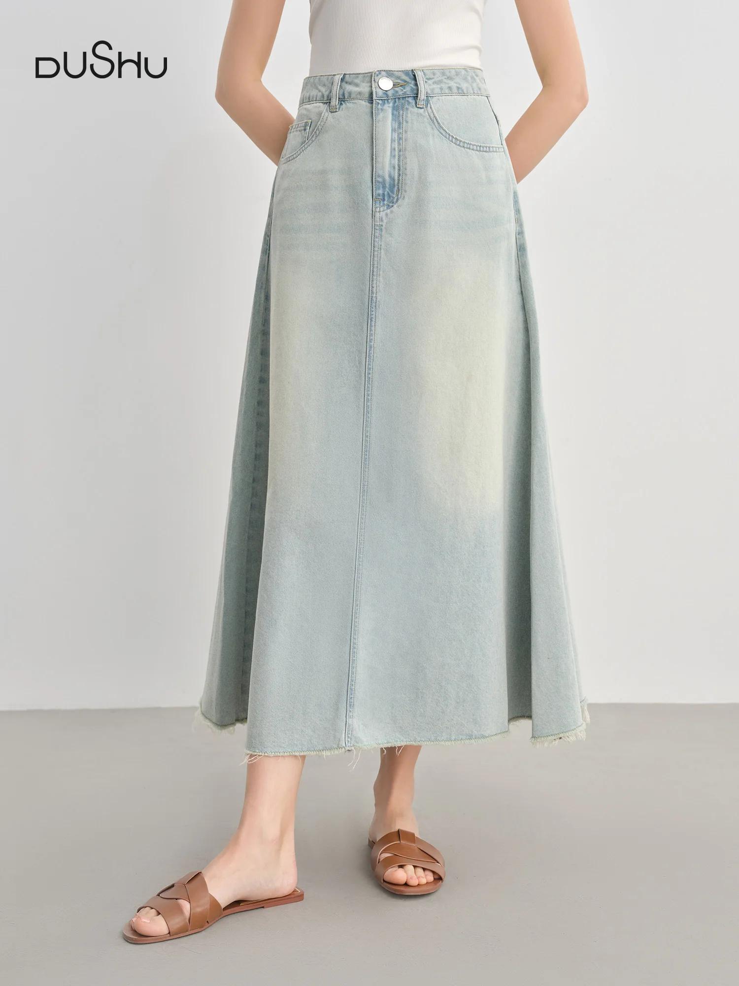 

DUSHU Denim Skirt Summer 2025 New Style Raw Edge Vintage Korean Style Simple All-match A-line Skirt 25DS82743