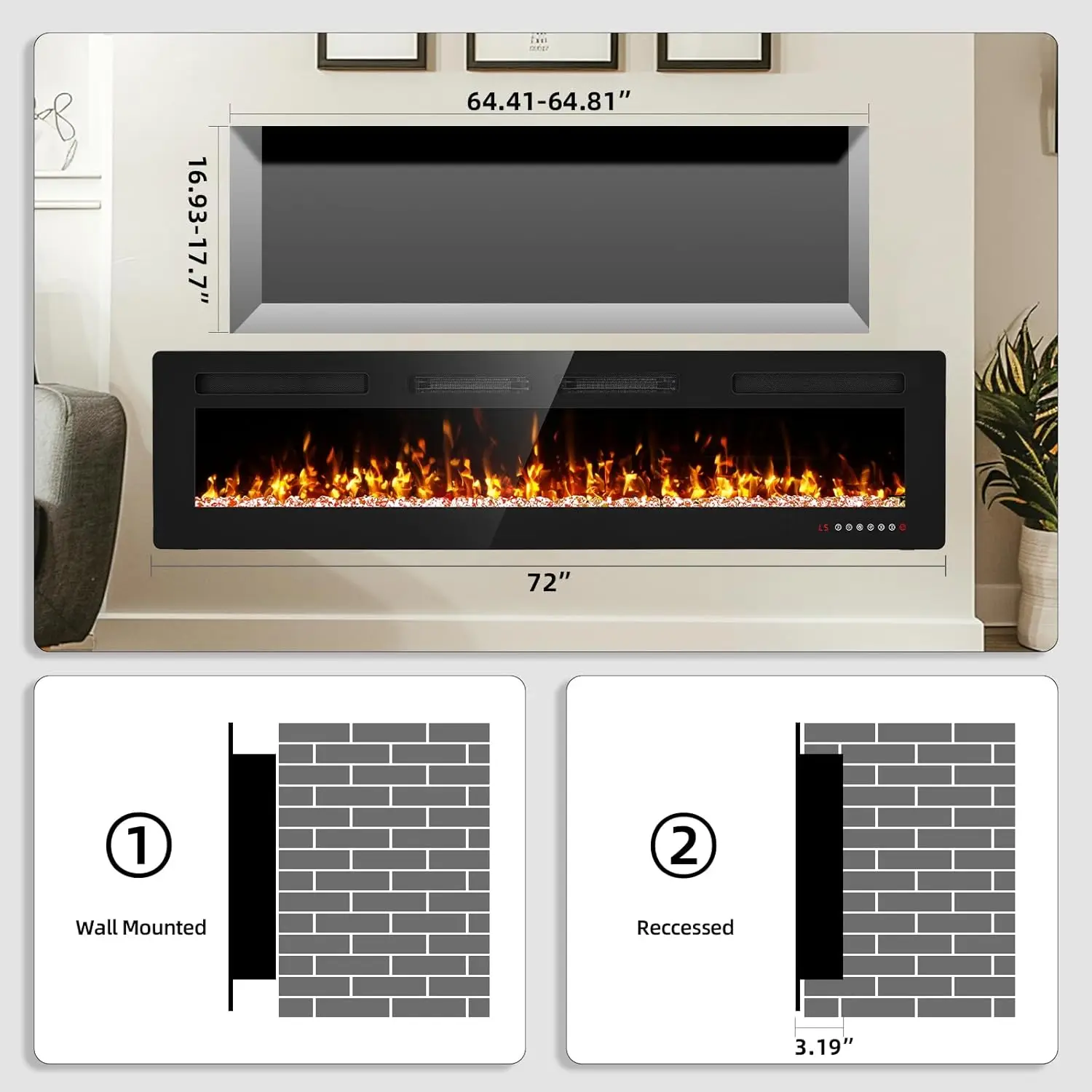 Wall Mounted Fire Places Electric Fireplace with Remote Control