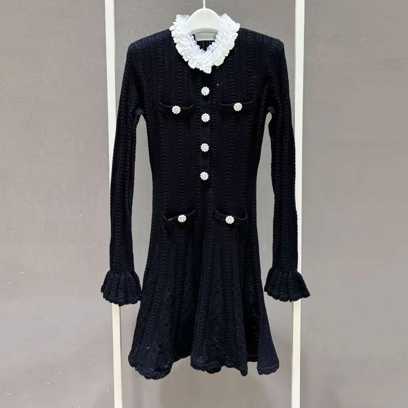 Women Tweed Knit Mini Dress White Ruffle Lace Collar Pearl Flower Buttons Long Flare Sleeve A-line Elegant Black Dress