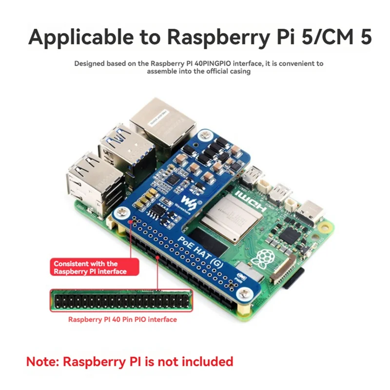 Waveshare Poe HAT (G) per Raspberry Pi 5 Scheda di espansione Power Over Ethernet 5V 5A Supporta standard di rete 802.3Af/At per Rpi 5