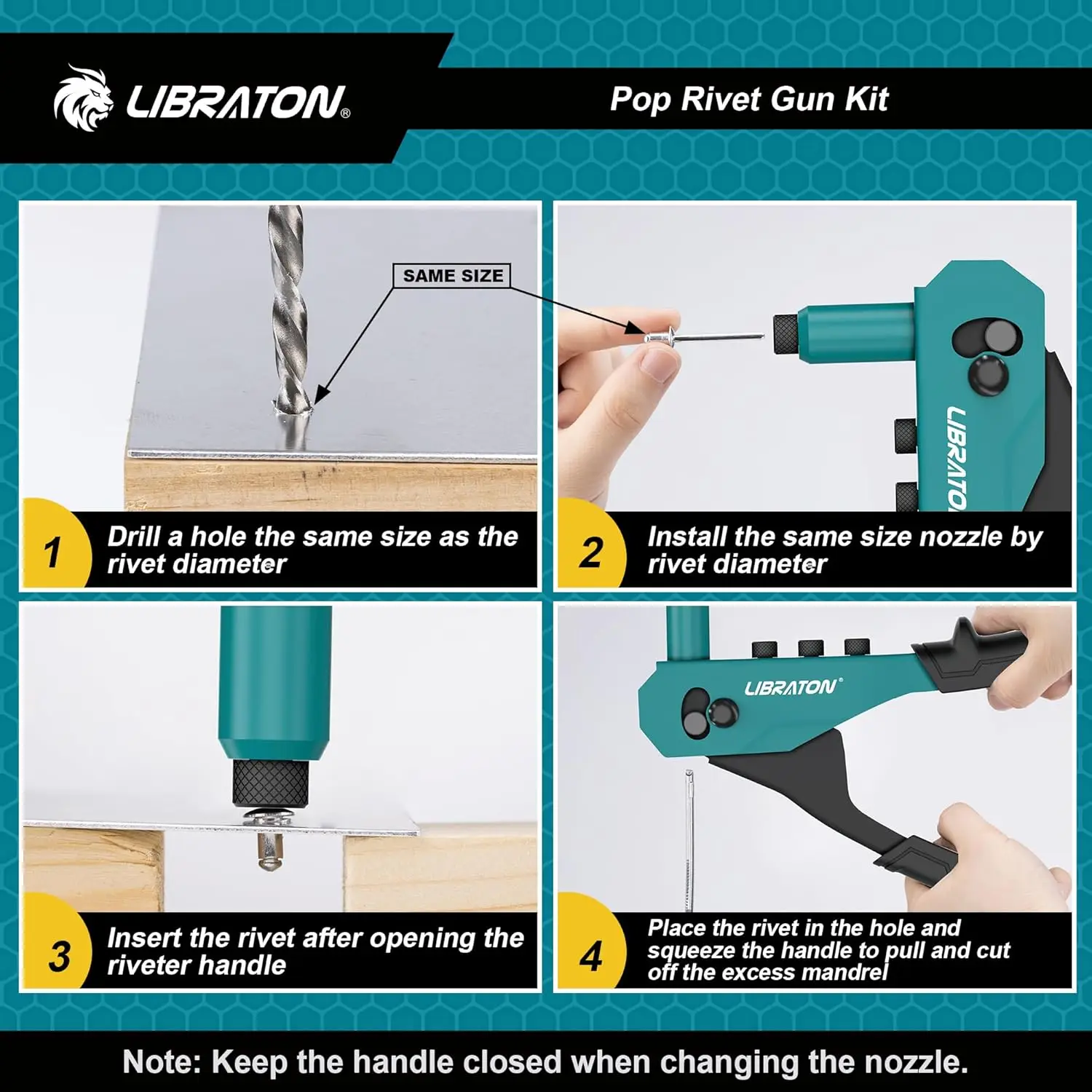 طقم مسدس برشام، مبرشم يدوي عالي التحمل مع 120 برشام أعمى، 4 لقم ثقب HSS، رؤوس قابلة للتبديل بدون أدوات