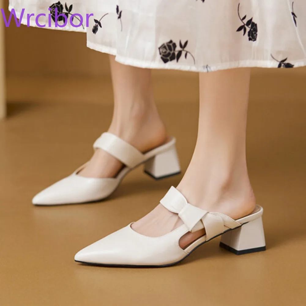 

Women Slippers Handmade Leather Middle Heel Outer Wear Summer New Baotou Mueller Shoes Black and White