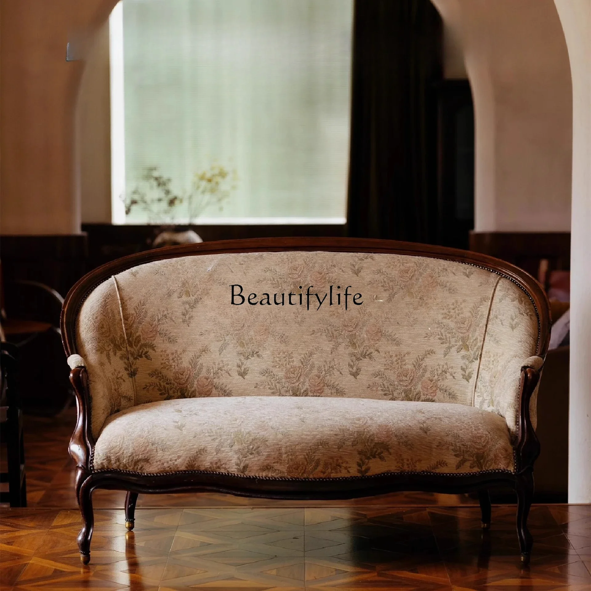 

pg55American Style Solid Wood Sofa Double Three-Person Fabric Leisure Chair Antique French Vintage Rustic Living Room Furniture