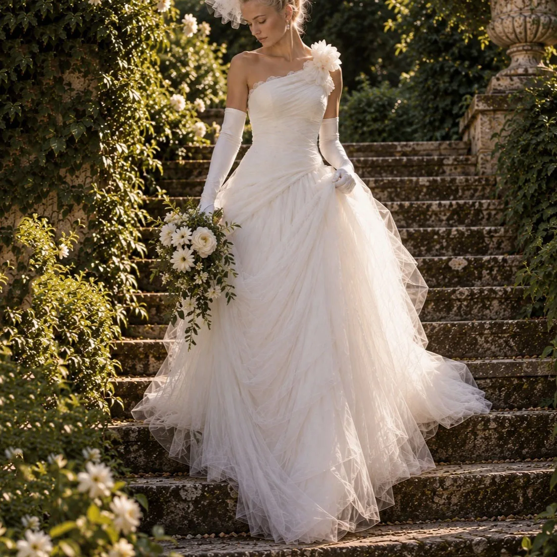 Tulle Customized Wedding Dresses One Shoulder Flower Bridal Gowns Elegant A Line Bridal Robes Vestido De Novia