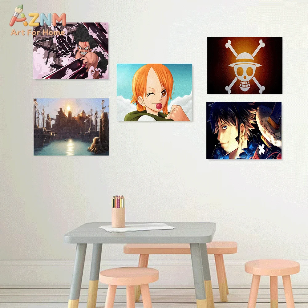 AZNM One Piece Anime Canvas Wall Art Monkey D Luffy Trafalgar Law Nami Portgas D Ace HD Print Frameless Canvas Painting Home Bed