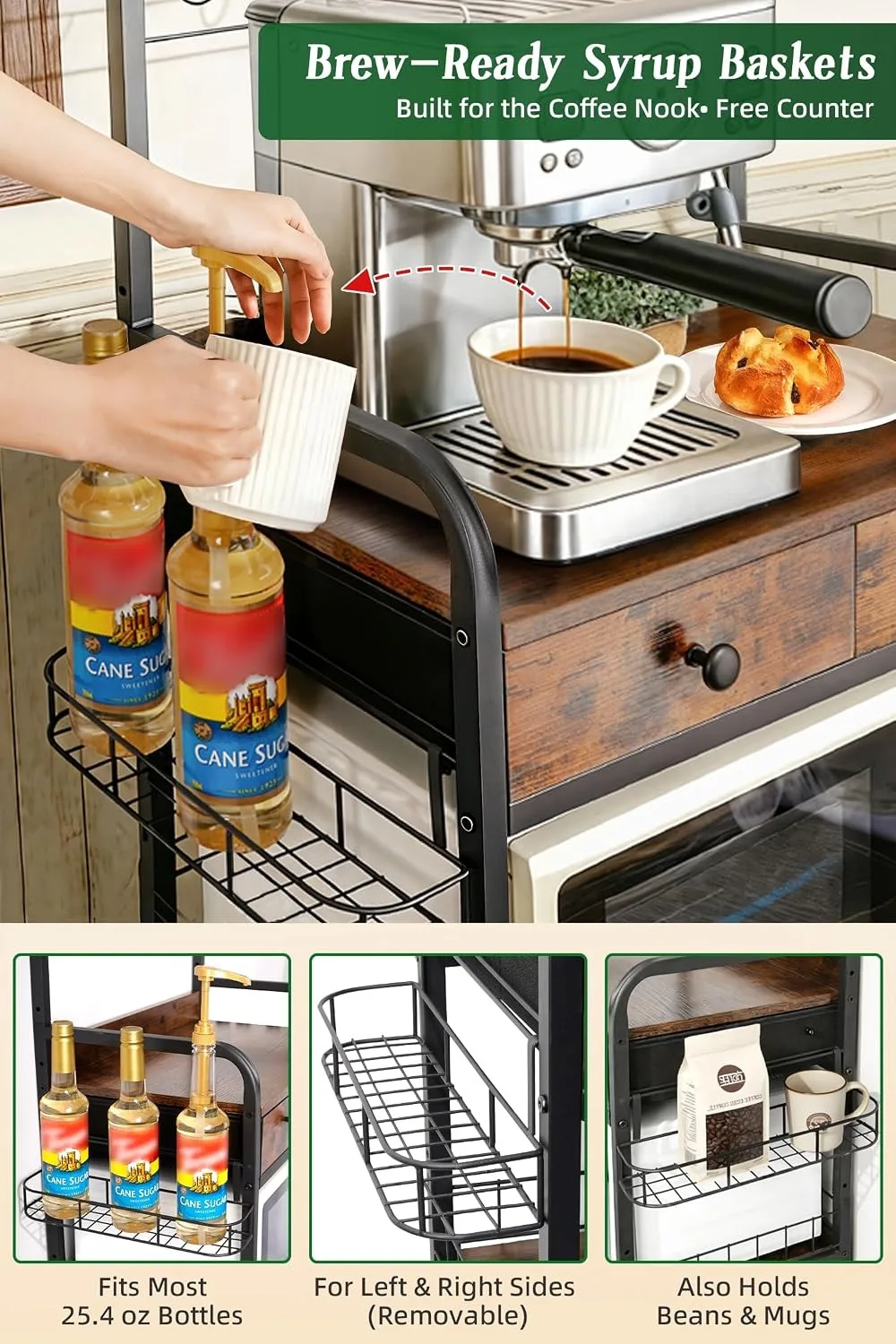 Rolling Coffee Bar Cart for Small Spaces, Coffee Station with Storage, Side Syrup Rack, Tea Pod Drawer, Magnetic Doors, Lockable Wheels view 3