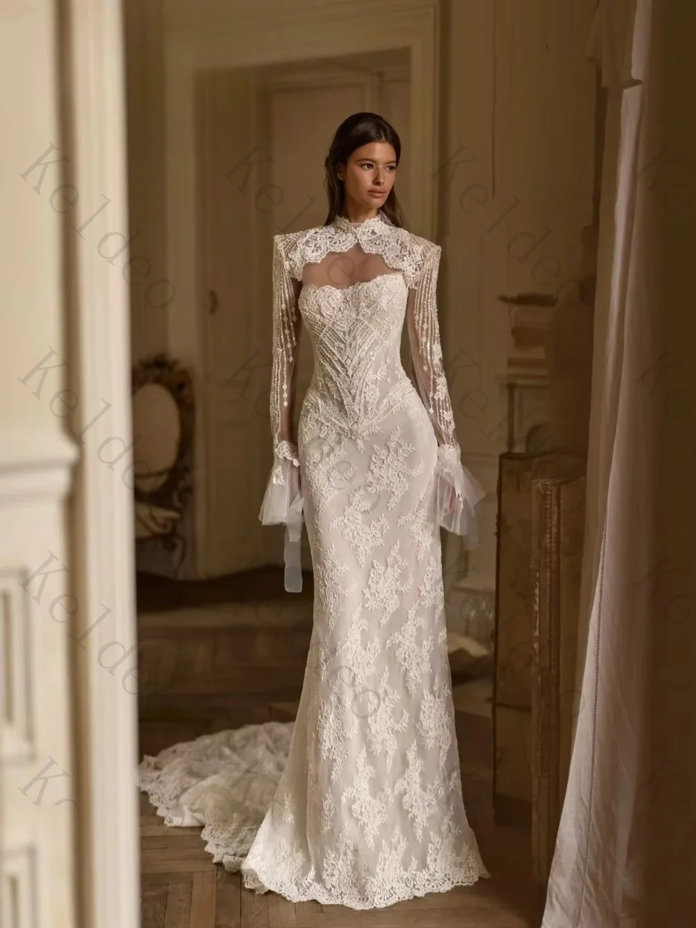 Customized Exquisite Strapless Mermaid Long Sleeve Wedding Dresses Detachable Sleeve Floral Lace Beaded Floor-Length Bride Gowns