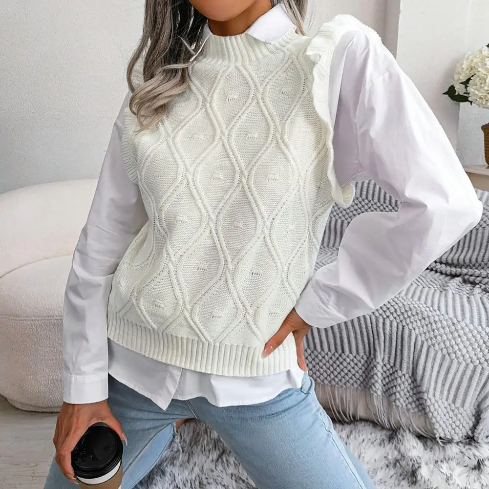 Strickweste Strickweste O-Ausschnitt Raute Muster Rüschen Manschetten Pullover Weste Frauen Herbst Winter warme ärmellose Strickwaren