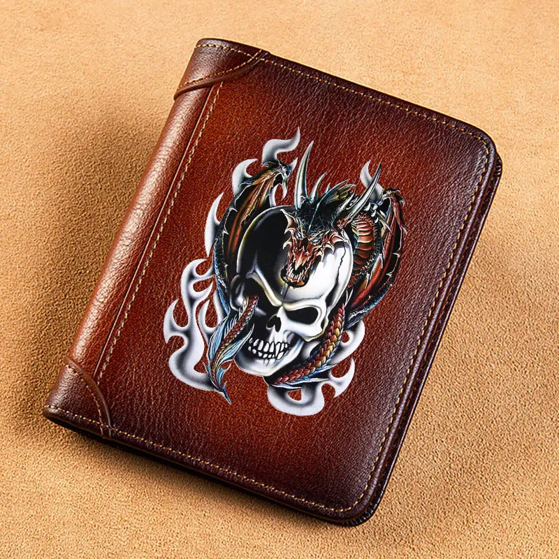 

Cool Punk Dragon Skull Cover Genuine Leather Men Wallets Short Card Holder Purse Trifold Men's Wallet BK153