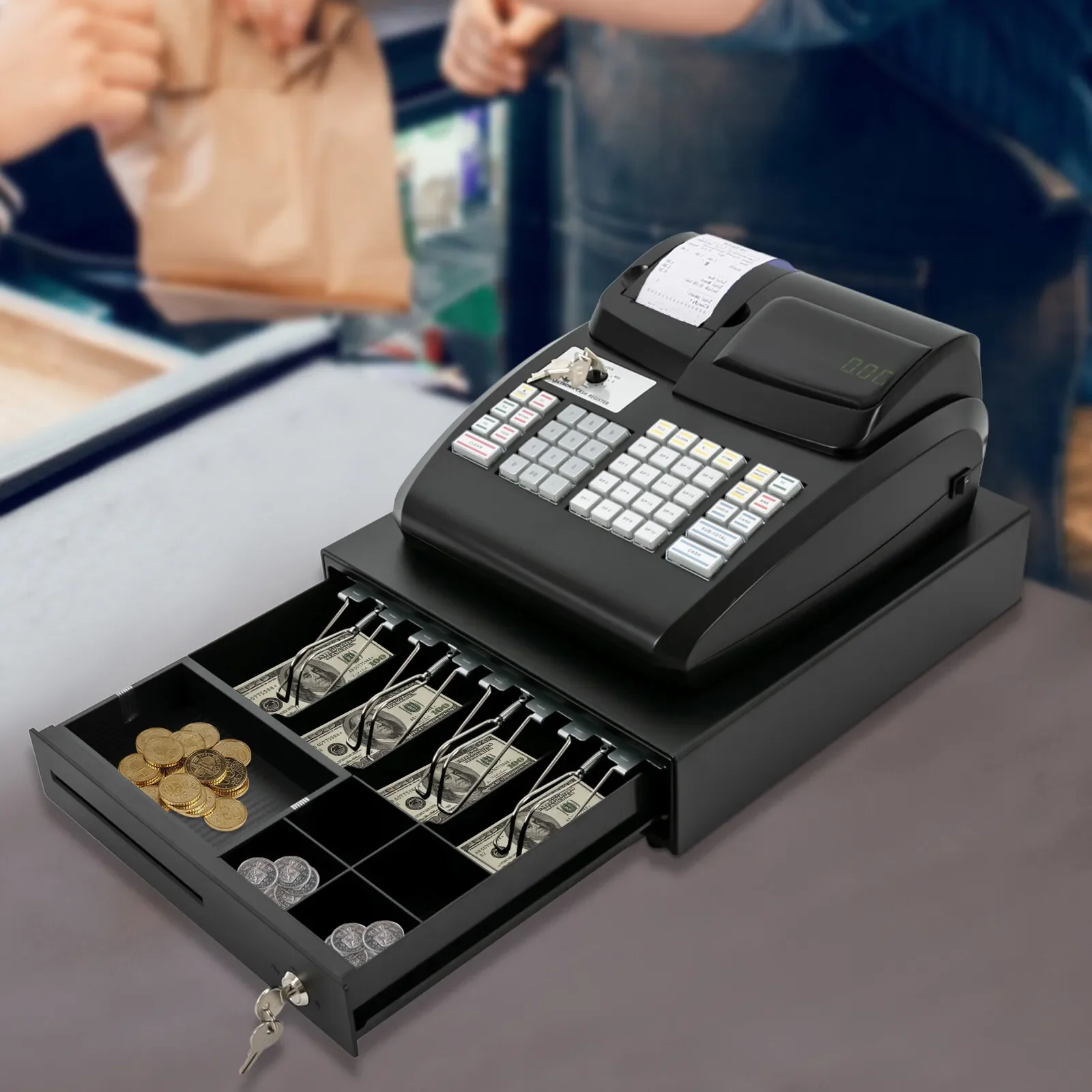 

47 Keys Tabletop Electronic POS System Cash Register LED Display For Retail With Drawer