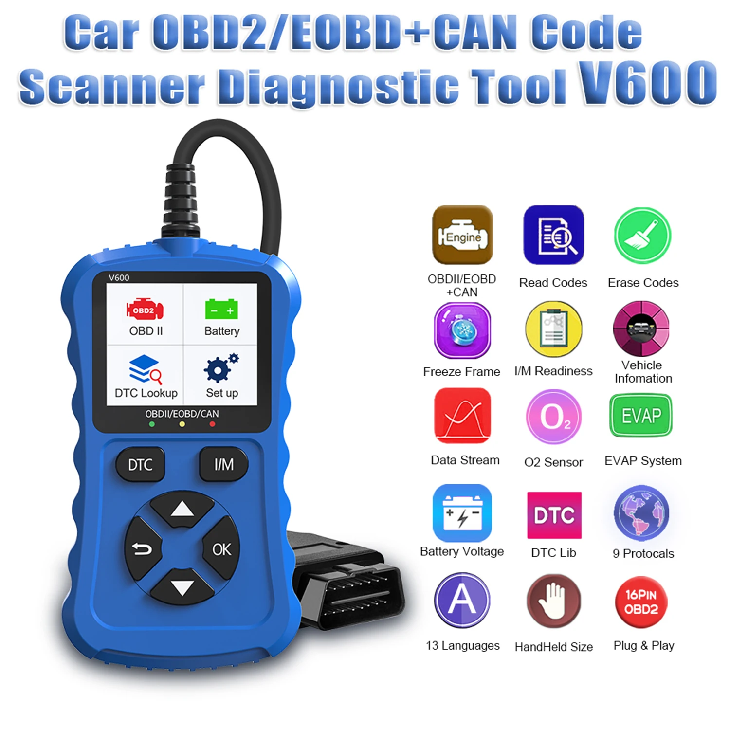 2024 Bule V600 Car Diagnostic Tool OBD2/EOBD 12V Plug & Play Can Code Scanner for Vehicle Diagnostics