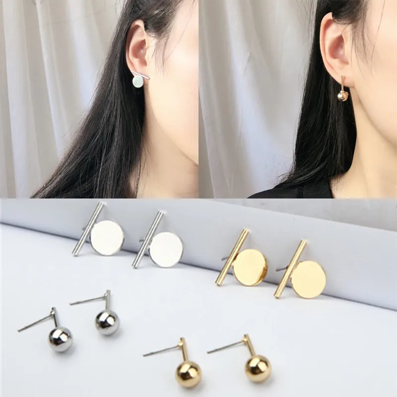 Hot Fashion Punk Simple Ball Earrings For Women Geometry Wafer Metal Ear Stud Earrings Minimalist Jewelry Brincos Bijoux Gifts