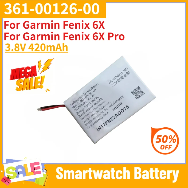 361-00126-00 Battery 3.8V 420mAh for Garmin Fenix 6X, for Garmin Fenix 6X Pro Smartwatch High Quality Replacement Battery