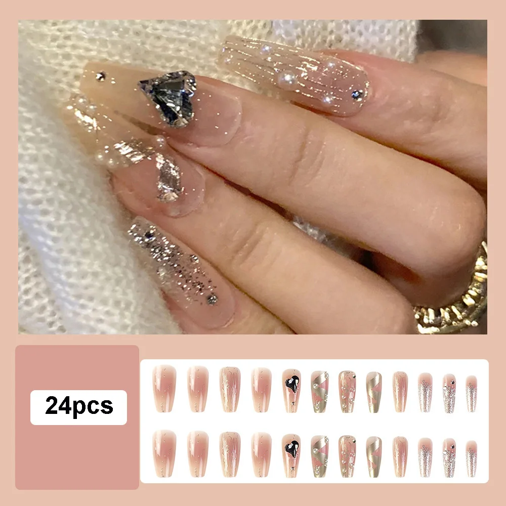 Mittellange künstliche Nagelspitzen mit 3D-Herz-Blumen-Design, Farbverlauf Lila-Rot, französische quadratische Ballett-Spitzen, Press-On-Set für künstliche Nagelkunst – Detail 13