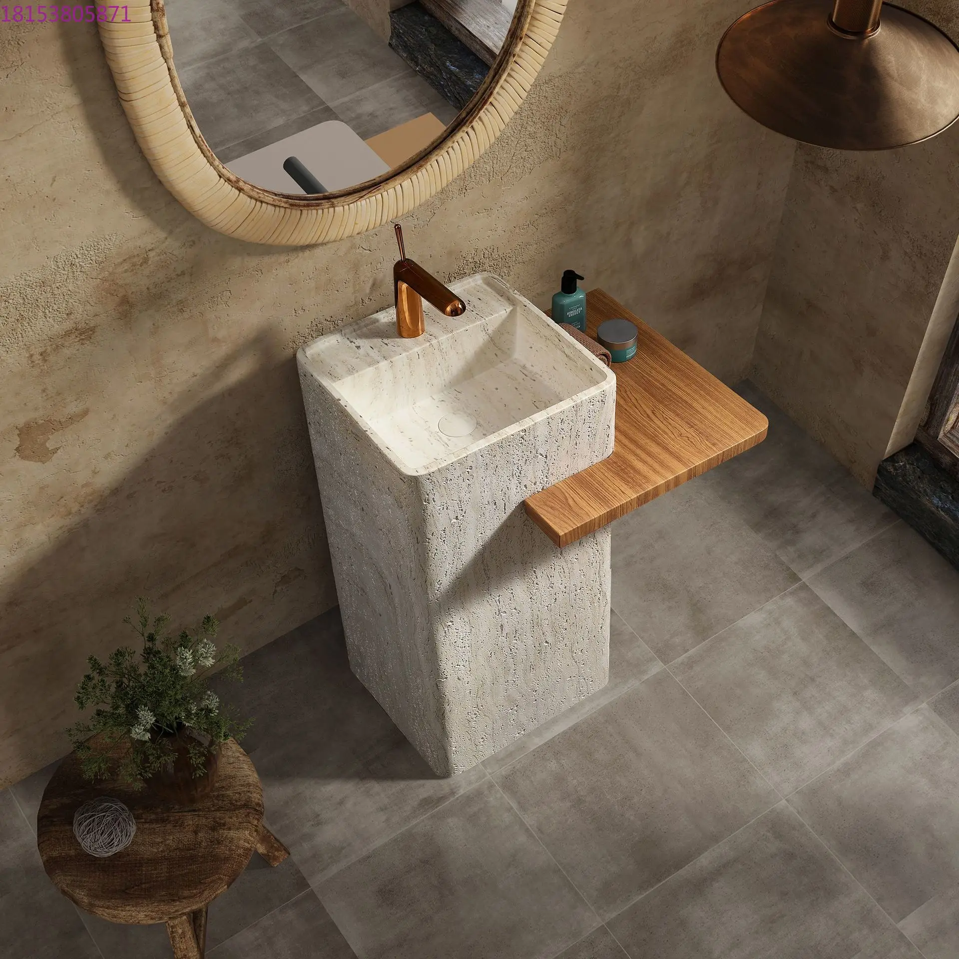 Medieval Travertine Column Basin Integrated Floor Designer Square Creative Bathroom Sink