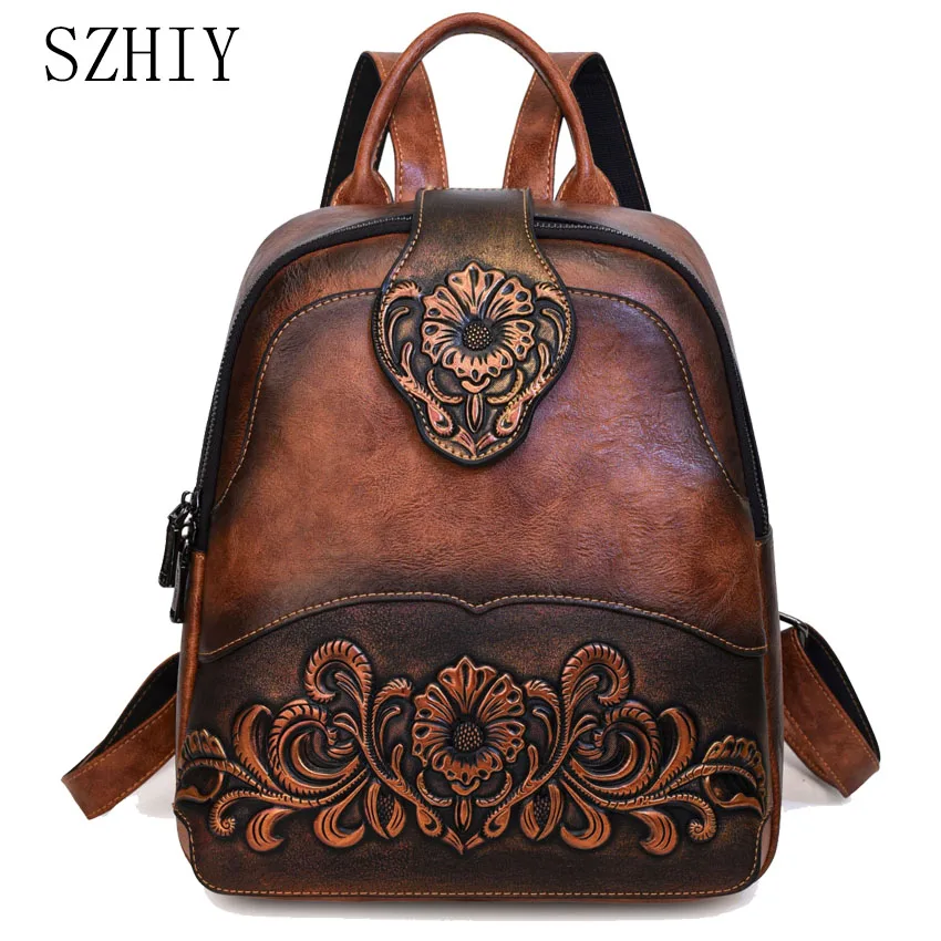 Classic Vintage Backpack Women Medium Luxury Designer Relief Flower Backpack Office Casual Bag Mochila Vintage Business Pocket