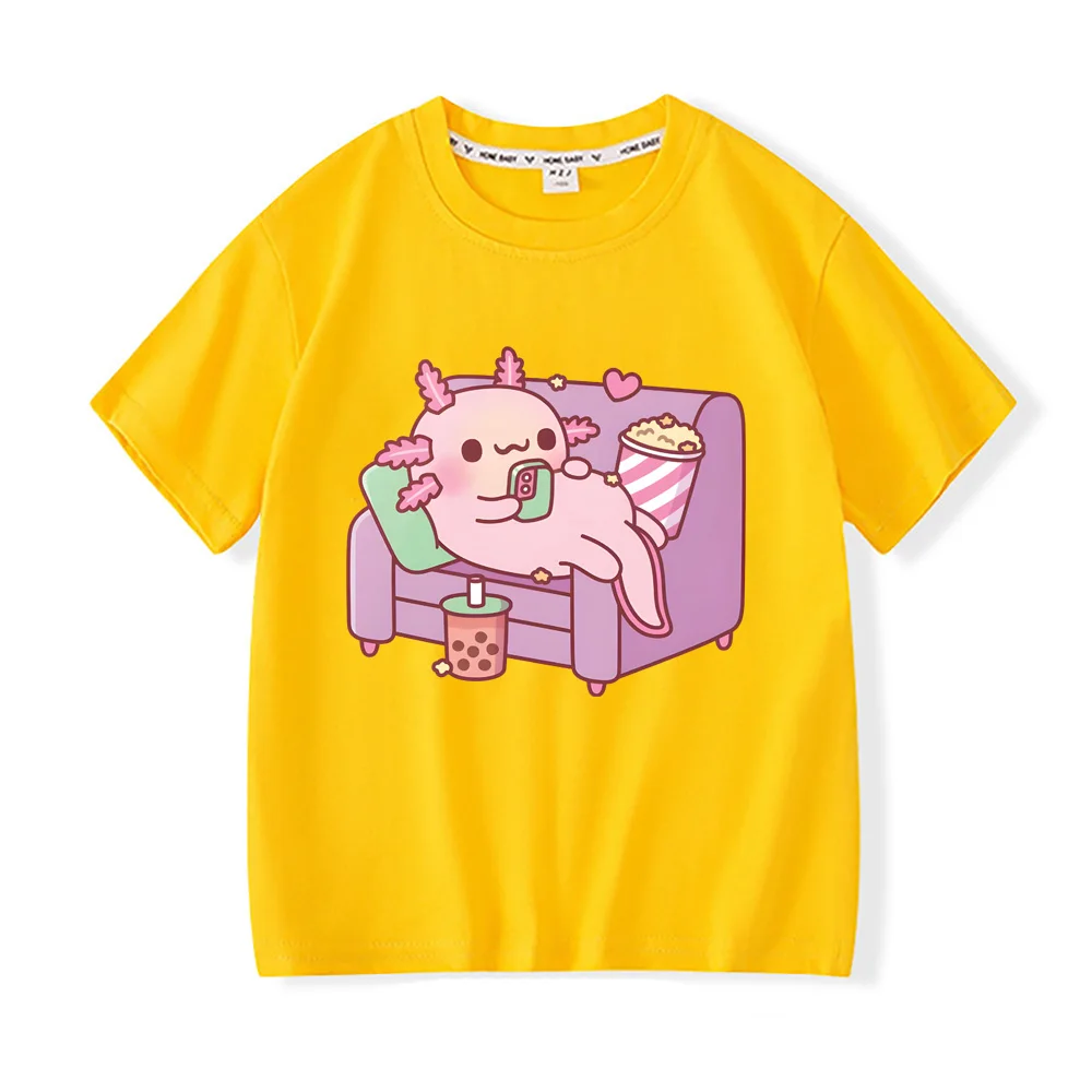 Cute Axolotl Hugging Donut Kids T-Shirts Hot Game  Anime T-shirt Boys and Girls Children Tee-shirt Short Sleeve Cotton Casual