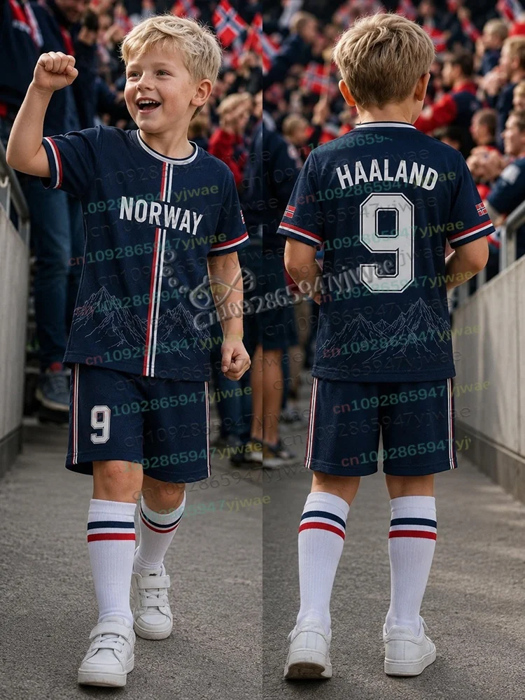 26 Special HAALAND Nr. 9 Fußballtrikot-Set mit Shorts für Damen, Herren und Kinder, Norwegen Fußballfan-Outfit, 2-teiliges Set – Detail 6