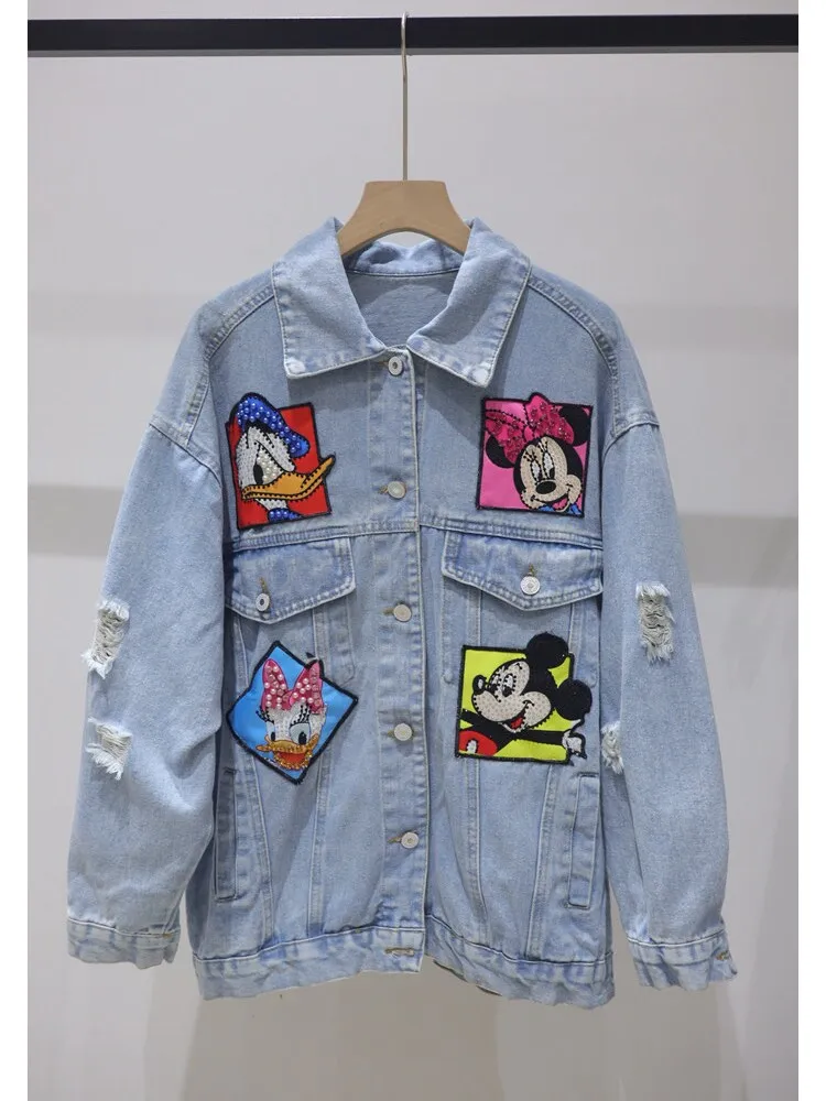 Sewing Beads Cartoon Embroidery Long Sleeve Coat Female 2024 Spring Autumn Loose All-Match Washed Broken Denim Jacket Women