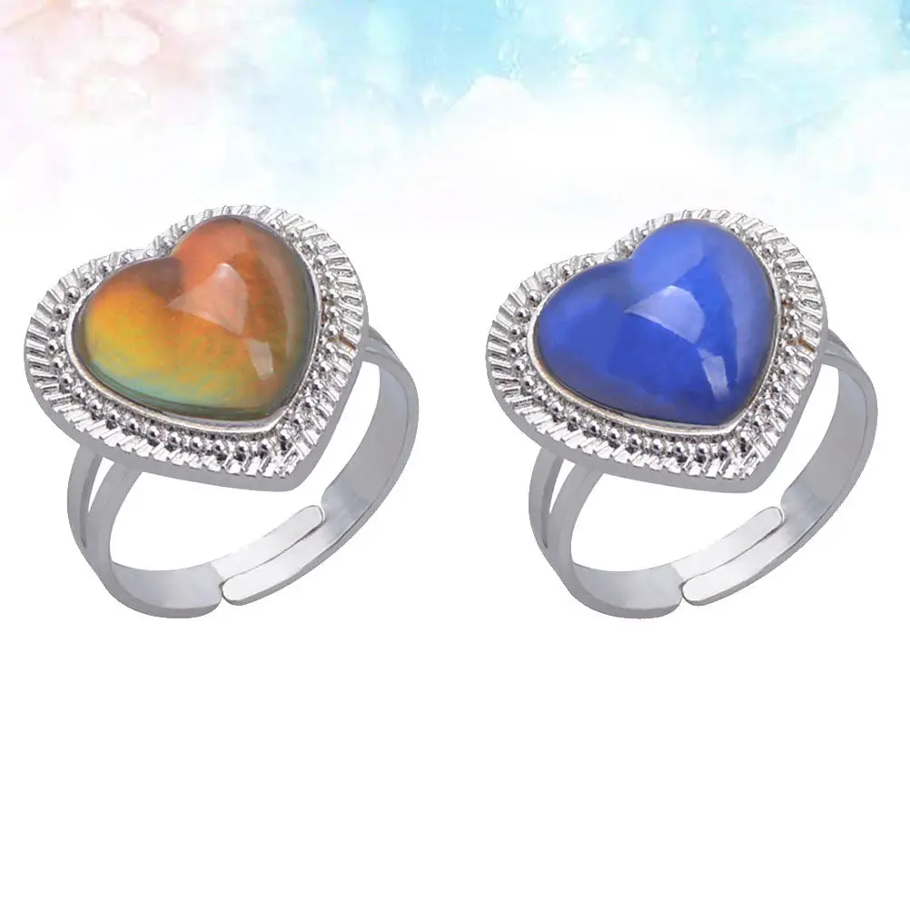 2Pcs Fashion Heart Design Color Shift Mood Rings Adjustable Open Finger Rings for Women Girls Temperature Sensitive Gift